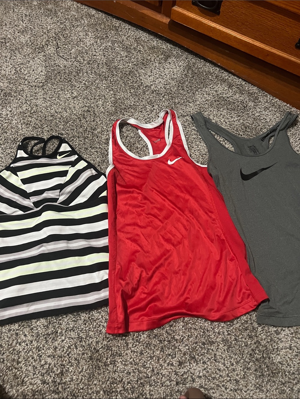 Nike Womens Tank Tops - Red, Gray, Black/White Striped (Set of 3)